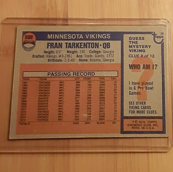 Vintage 1975 NFC ALL - PRO Quarterback Minnesota Vikings Fran Tarkenton - Picture 2 of 2